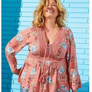 Torrid Coral/Pink Babydoll Crochet Lace Up Top Great Condition